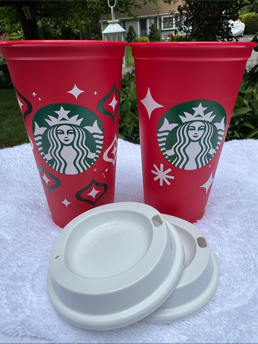 Starbucks Red Reusable Holiday Cups with White Lids